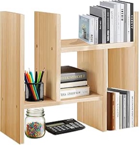 Desk Organizer Shelf Wooden Desktop Bookshelf Adjustable Desktop Organizer Shelves Small Book Shelf for Office Desk Supplies Home Storage Natural Stand Decor (12*)
