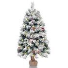 Pre-Lit Artificial Christmas Tree 3ft,Snow Flocked Xmas Pine Tree Decorated with 70 LED Lights,140 Branch White Snow Tips,7 Real Pine Cones, 10 Red Berries Christmas Snow Tree for Desktop White+green 35 inch