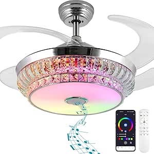 NUTCRUST Bluetooth Ceiling Fan with Light and Speaker, Retractable Ceiling Fan Chandelier with Remote Control, 6 Speeds Reversible Blade Smart Ceiling Fan, Silver, Special Special Silver