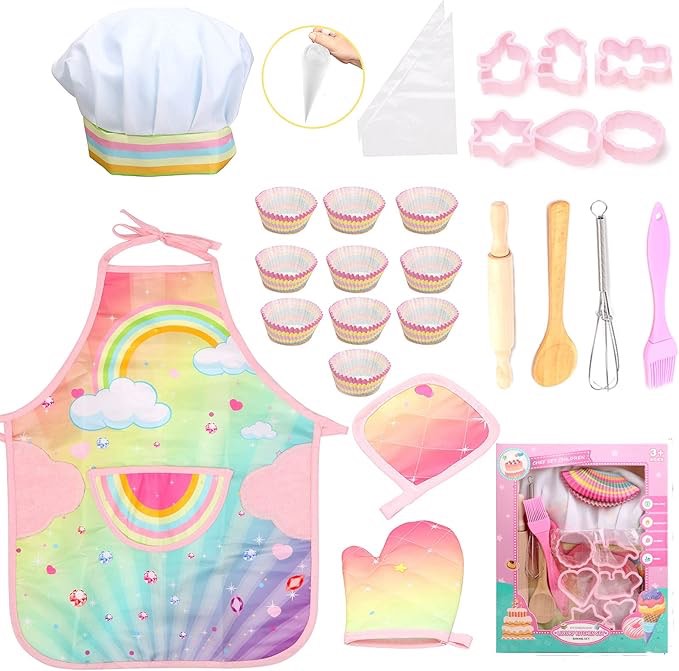 GIFTRRTOY Real Kids Cooking and Baking Set - 26 Pcs Kids Chef Role Play Costume Set Includes Rainbow Apron, Chef Hat, Cooking Mitt, Utensils, Cupcake Molds for Toddler Boys and Girls Ages 3+