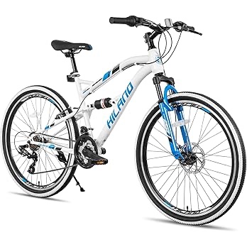Hiland 26 Inch Mountain Bike Full-Suspension 18/21 Speeds Drivetrain MTB Bicycle , white&blue