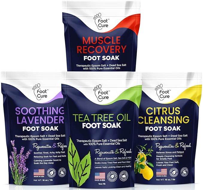 EXP 2025 Foot Soak with Epsom Salts- Variety Pack of 4- Tea Tree Oil, Muscle Relief, Calming Lavender & Citrus Soak- for Foot Pain, Soreness, Athletes Foot, Odors, Toe Nail Fungus, Fungal, Calluses Made in USA