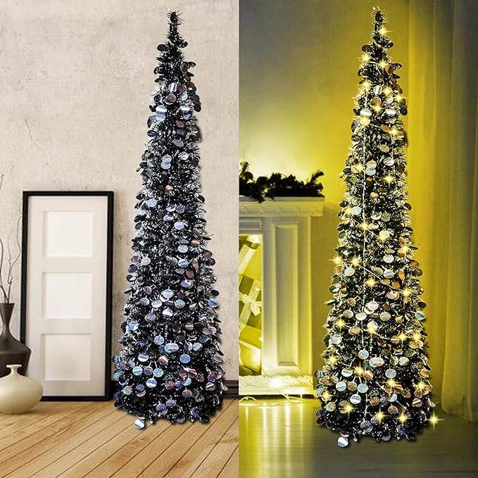 Black Halloween Christmas Tree with 50 Lights,5ft Pop Up Artificial Collapsible Pencil Tinsel Trees for Bedroom Decorations Holiday Party WOKEISE