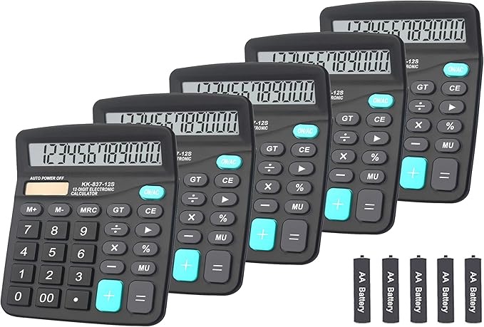 Calculators, BESTWYA 12-Digit Dual Power Handheld Desktop Calculator with Large LCD Display Big Sensitive Button (Black, Pack of 5)