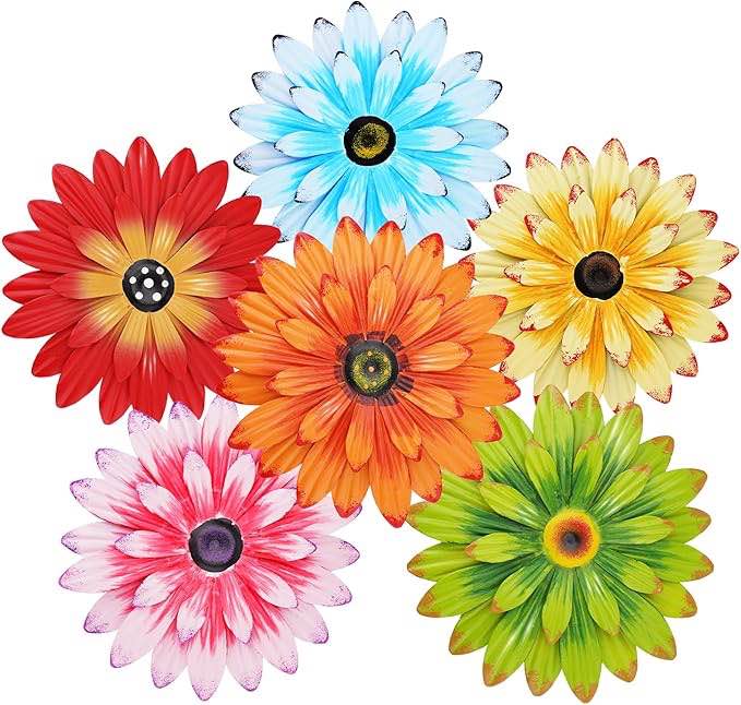 Metal Flower Wall Decor Outdoor - 6 Pieces 8inch Metal Flowers for Outside Multiple Layer 3D Garden Wall Decor for Indoor Home Farmhouse Decoration
