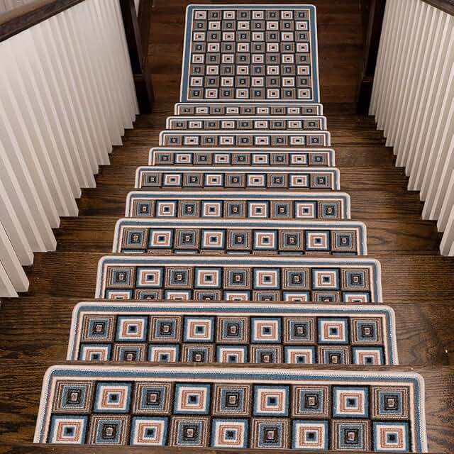 Benissimo, 13+1 Stair Treads Carpet with Landing Slip Resistant Stair Rugs, Cotton, Set of 13 (9"x32") + 1 (31"x31") Runner for Indoor Wooden Steps, Printed Design, Deep Ocean (13+1) Pack / Cotton Deep Ocean