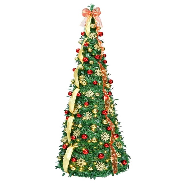JOYHALO 7ft Decorated Pop Up Christmas Tree with Lights 200 Warm White, Folding Christmas Tree Collapsible, Portable Christmas Tree for Home, Office, Apartment Xmas Holiday Party Decor, Golden C56