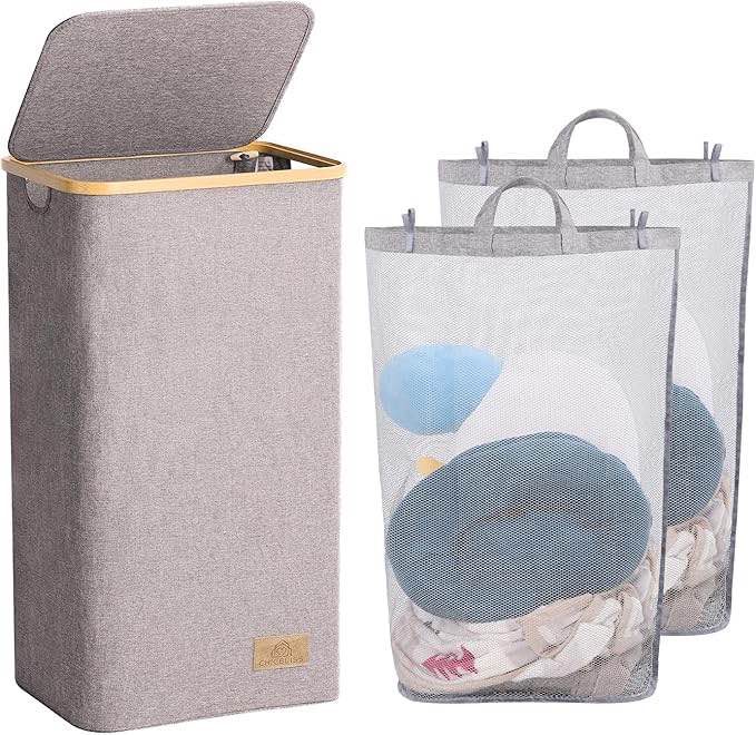 Large Laundry Basket with Lid, 100L Laundry Hamper with Bamboo Handles for Clothing, Toys, and Towels, Freestanding Collapsible Laundry Bin with Removable Inner Bag for Bathroom (Luxury)