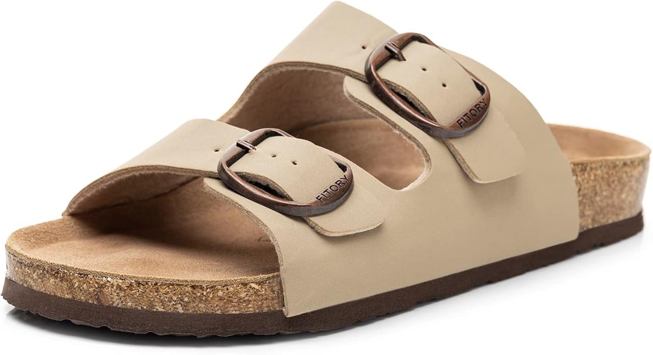 FITORY Womens Flat Sandals with Cork Footbed, Open Toe Slides Adjustable Slip On Slippers for Summer Size 9.5 khaki 