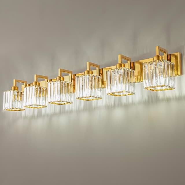Ralbay Gold Crystal Vanity Lights for Bathroom 6-Lights Brass Gold Crystal Bathroom Vanity Lights Over Long Mirror Modern Crystal Bathroom Wall Lighting Fixtures