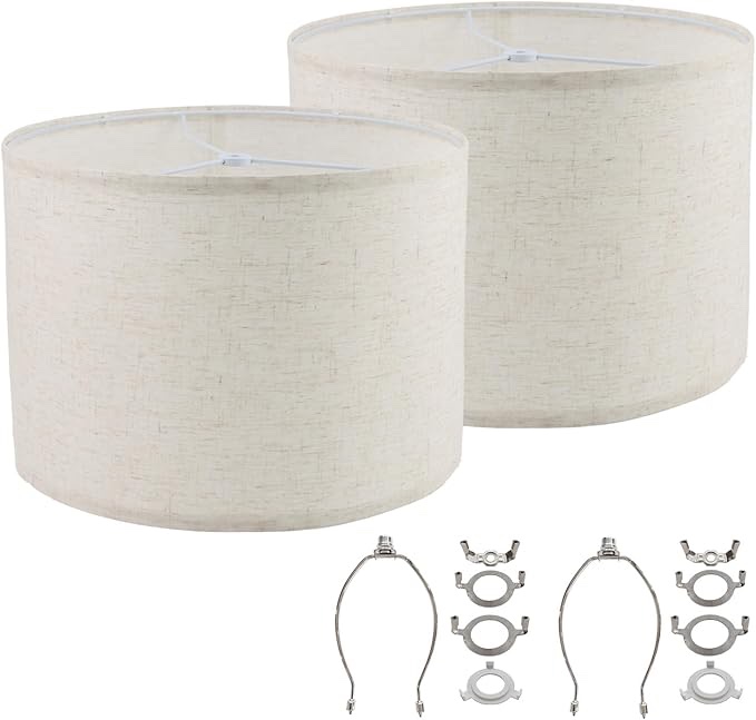Lamp Shades Drum Lampshade, 13" Top x 13" Bottom x 10" High, Medium Spider Fitter Assembly Required, Lamp Shade Harp Holder Included, Black, 2 Pack?Linen
