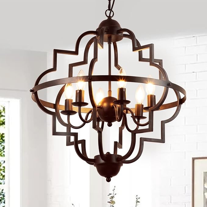 Depuley 22'' Farmhouse Orb Chandelier, 6-Light Dining Room Light Fixtures Over Table, Rustic Metal Chandelier Adjustable Height, Brown Hanging Pendant Lighting for Kitchen Island Entryway Foyer, UL