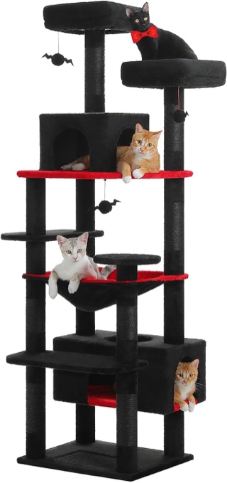 PAWZ Road Large Cat Tree, 72 Inches Gothic Cat Tower for Large Cats, Cat Condo with Sisal-Covered Scratching Posts and Pads, 2 Padded Perch, Dual Condo and Basket for Indoor Cats-Black