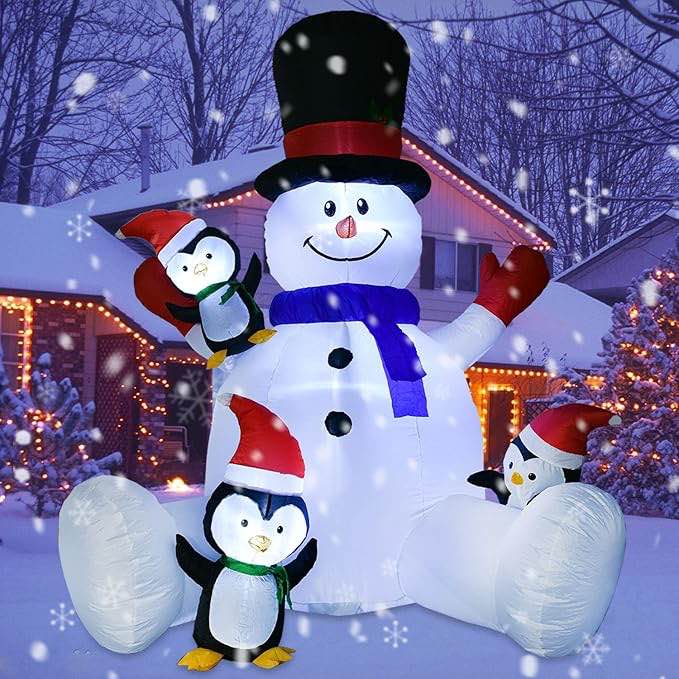 Lvydec Lighted Inflatable Snowman Christmas Outdoor Decoration - 8ft Blow Up Snowman with Built-in LED Lights and 3 Little Penguins for Christmas Holiday Yard Decoration