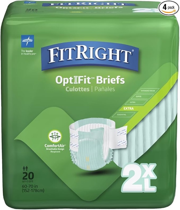 FitRight OptiFit Extra Adult Briefs, Incontinence Diapers with Tabs, Moderate Absorbency, 2XL, 60 to 70", 20 Count (Pack of 4)