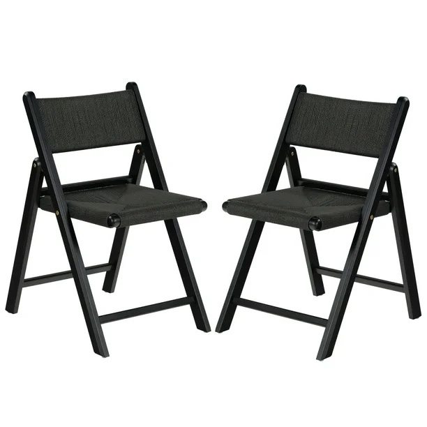 Wood Folding Chairs Set of 2, Foldable Chairs Chairs Wooden Stackable Dining Chairs for Kitchen & Dining Room Chair, Woven Seat & Webbing Back Black/Natural Woven Rope