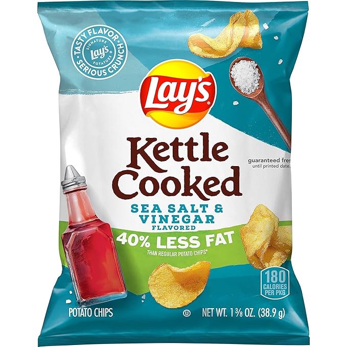 (Use by 28-Jan-2025)Kettle Lay's Cooked Potato Chips, Reduced Fat Salt and Vinegar, 1.375 Ounce (Pack of 64)