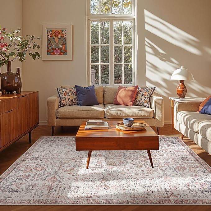 (((( style and color may slightly differ))) jinchan Area Rug 9x12 Vintage Entryway Rug Washable Boho Indoor Doormat Floral Medallion Small Door Mat Non Slip Retro Soft Thin Classic Carpet for Kitchen Bathroom Bedroom Light brown 9' x 12' (Buttery Soft) Classic light brown 