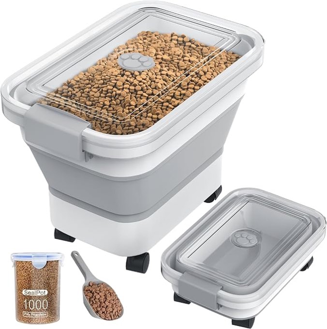 (((( missing the wheels))) 20-23 Lbs Dog Food Storage Container, Collapsible Dog Food Container with Transparent Airtight Lid,Multifunctional Pet Food Storage Container for Dog Cat,Rice,Flour,Pet Food Scoop and Dog Bowl