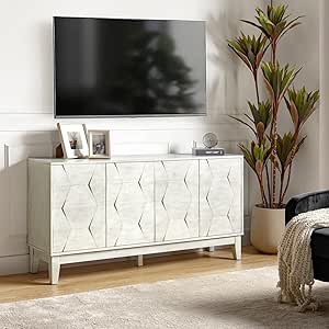 ((( box 2 of 2 incomplete))) HULALA HOME Mid Century Sideboard Buffet Cabinet with Solid Wood Legs, 60" Kitchen Storage Cabinet Credenza with 4 Doors and 2 Shelves, Accent Console Table, White