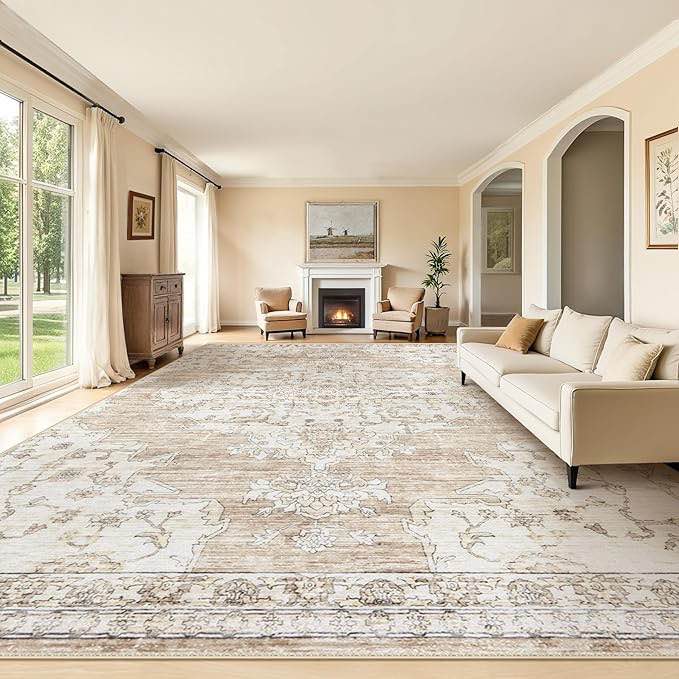 Area Rugs Washable Rug: Lagre Vintage Living Room Rugs with Non-Slip Backing Low Pile Rug Soft Indoor Floor Carpet Non Shedding Neutral Carpet for Bedroom Dining Room Farmhouse Nursery Beige(size unknown)