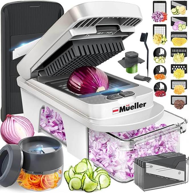 Mueller Pro-Series All-in-One, 12 Blade Mandoline Slicer for Kitchen, Food Chopper, Vegetable Slicer and Spiralizer, Cutter, Dicer, Grater, Kitchen Gadgets Sets with Container, White Sand/Gray