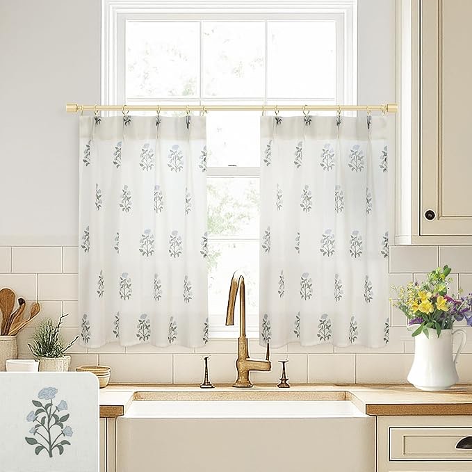 Farmhouse Kitchen Curtains 36 Inch Length,Cafe Pinch Pleated Curtains,Blue and Green Block Print Vintage Boho Floral Linen Sheer Short Curtain for Small Window 