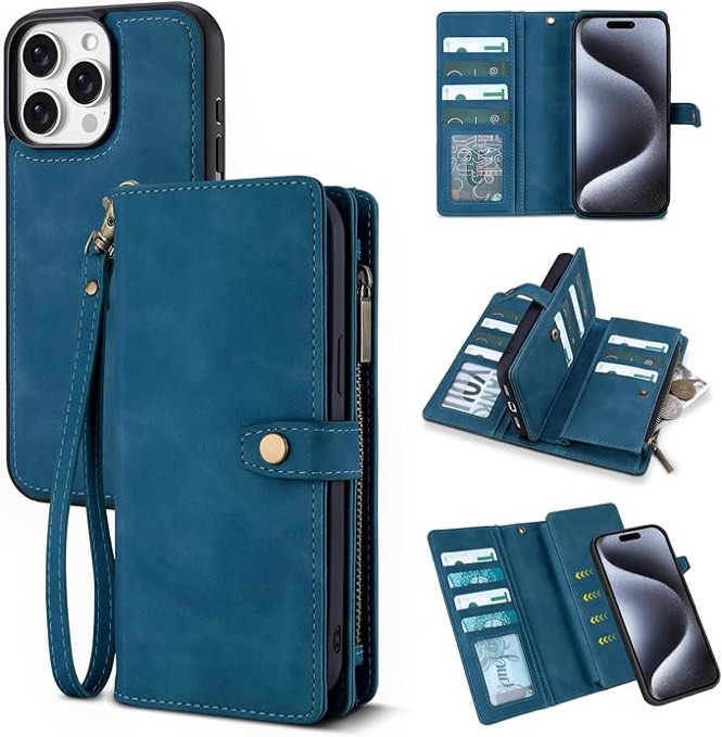 TwoHead Wallet Case Compatible with iPhone 15 Pro,Detachable Magnetic Phone Case,All-Round Protective Leather Phone Case with Card Holder,6.1 in,Navy Blue