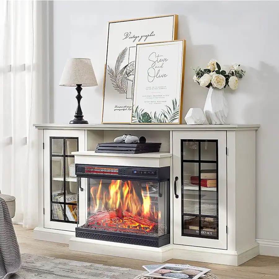 (Box 1 of 2)Jojoka - 59" Fireplace TV Stand, Fits TVs Up to 85", 3-Sided Glass Electric Fireplace, Storage, Console - White
