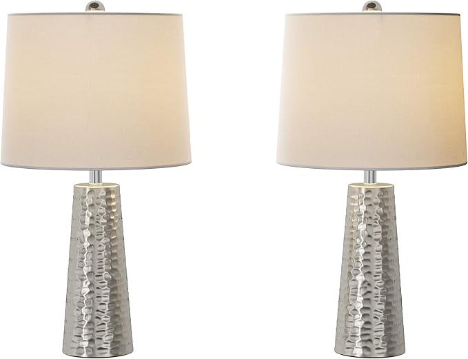 Lavish Home Table Lamps- Set of 2 Hammered Flared Drum Shaped Lights, Bulbs, Shades Included-Modern Rustic Style Accent Pieces for Any Home Decor