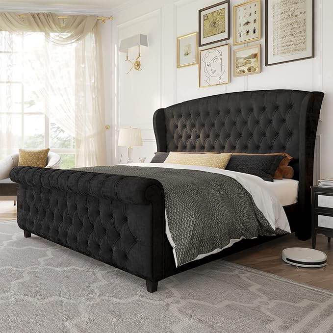 AMERLIFE Queen Size Platform Bed Frame, Velvet Upholstered Sleigh Bed with Scroll Wingback Headboard Footboard/Button Tufted/No Box Spring Required/Easy Assembly/Black