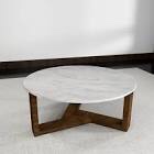 Fina Coffee Table, 38 Inch Round White Genuine Marble Top, Natural Brown Mango Wood 3 Leg Sled Base