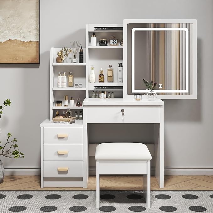 Makeup Vanity Desk with Mirror and Lights, Vanity Table Set with Storage Drawer & Chair & 3 Shelves, 3 Lighting Colors, Adjustable Brightness Makeup Vanity White