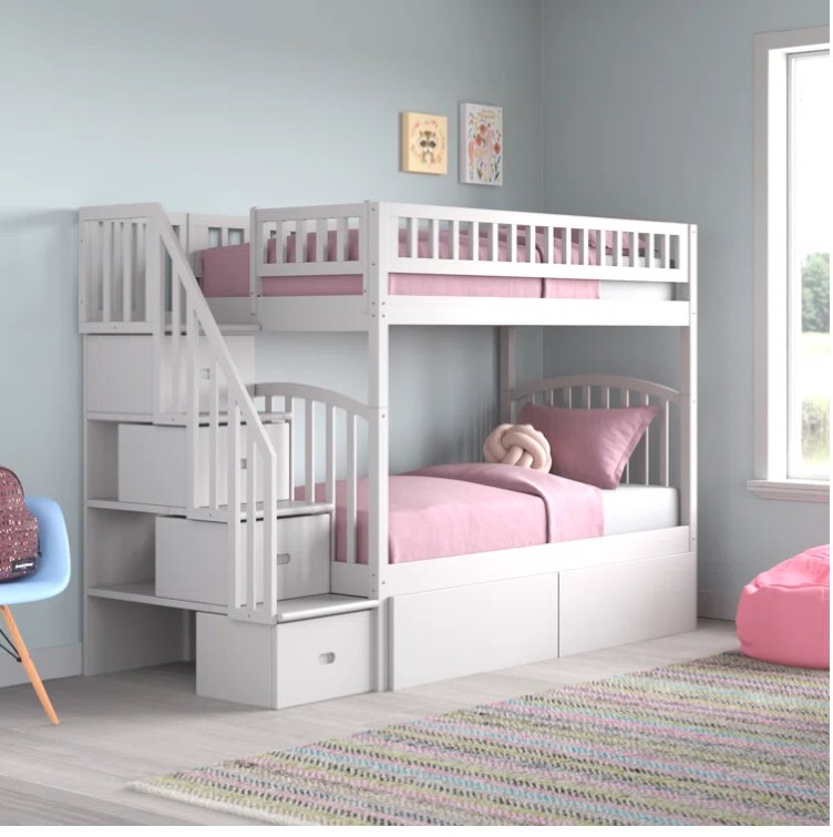 incomplete box 1 only Jaxson Kids Solid Wood Staircase Bunk Bed with Under Bed Storage Drawers Size: Twin over Full, Bed Frame Color: White
