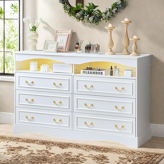 Farmhouse 6 Drawers Dresser for Bedroom, 55" Wide Wood Rustic Chest of Drawers with LED Lights, Vintage Design Dresser with Natural Texture for Living Room, Entryway, Hallway, White