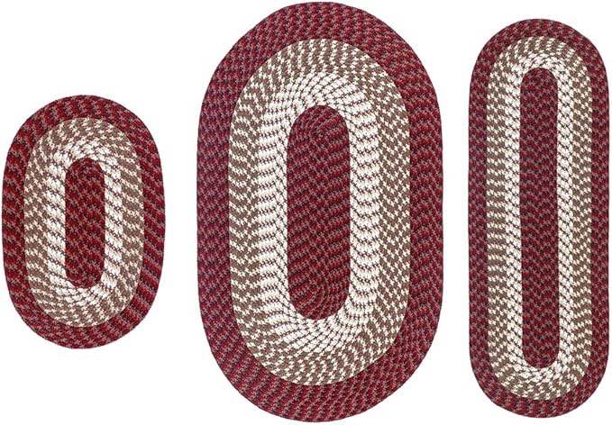 Better Trends Braided Rug, Alpine Braid Collection - Durable, Stain Resistant, Reversible Indoor Utility Rug, 100% Polypropylene Rug, Vibrant Color Rug, 3 PC Set, Burgundy Stripe Rug