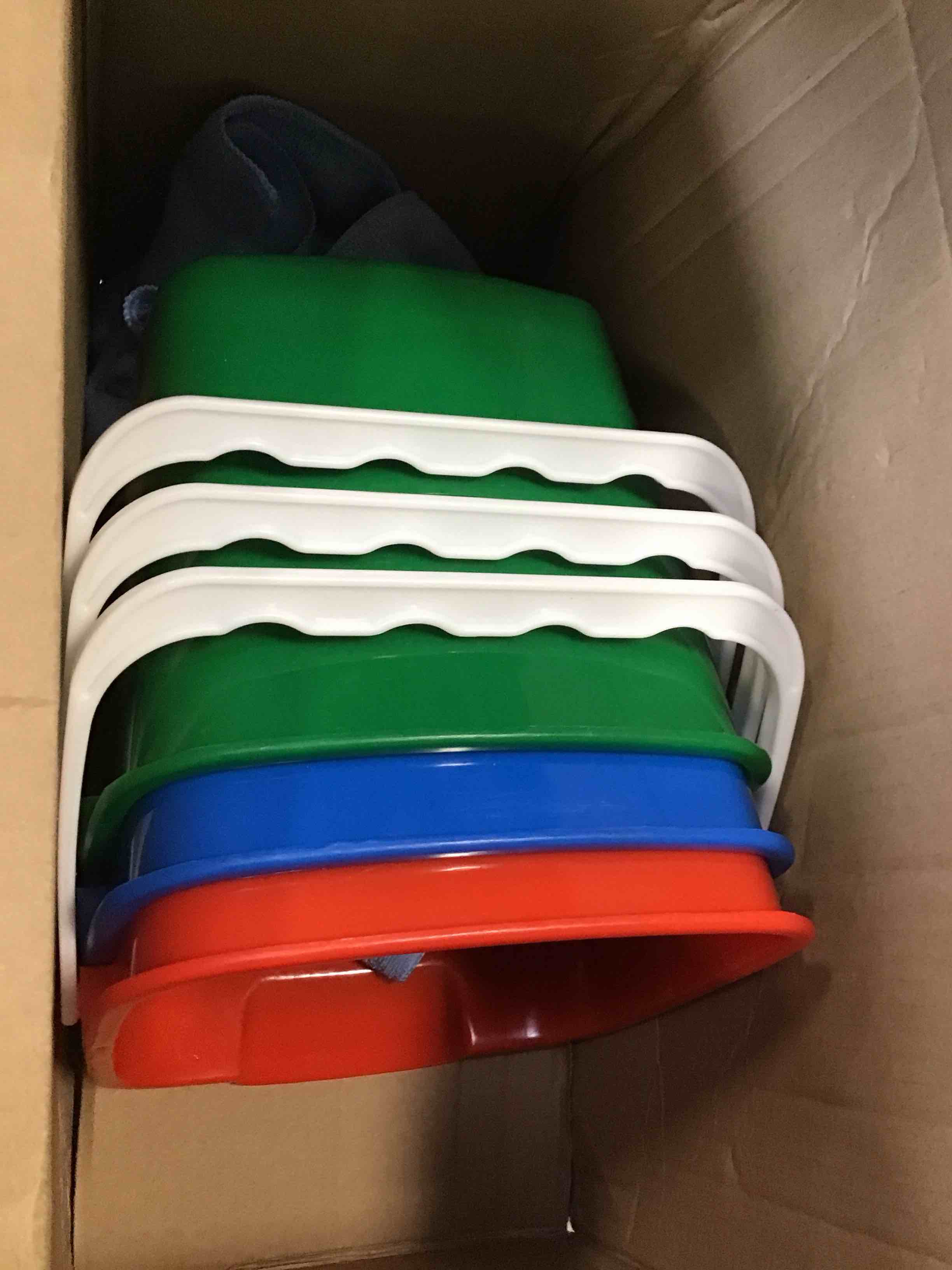 Condition photo showing As Is for Matthew Red&Green&Blue Detergent and Sanitizing Cleaning Bucket 6 Quart Cleaning Pail,Set of 3 Square Containers,Built-In Spout w/Handle,Wash Rinse Sanitize Handwash Bucket,Incl.3Pcs Microfiber Cloths Red&green&blue 6 Quarts-3Pack