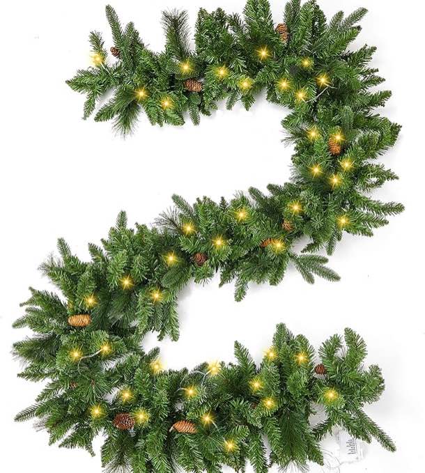 9 Foot Pre-lit Christmas Garland with Lights, Artificial Pine Garland, Waterproof Battery Operated Lighted Garland Christmas Decorations, for Indoor Outdoor Home Xmas Holiday Mantel Front Door Decor