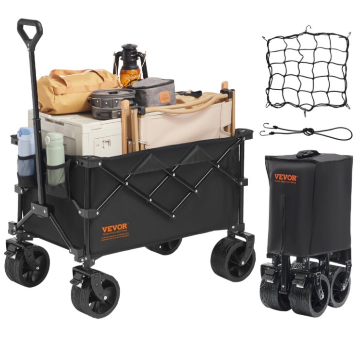VEVOR Collapsible Folding Wagon, 220 L Beach Wagon Cart with All-Terrain Wheels, Heavy Duty Folding Wagon Cart Max 330 lbs with Drink Holders, Sports Wagon for Camping, Shopping, Garden