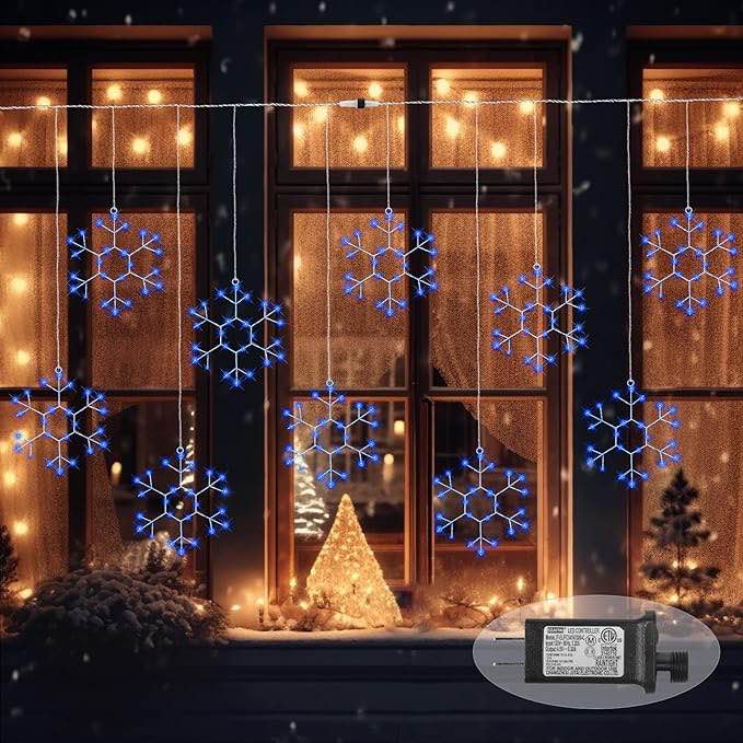 20 Pcs Large Snowflake Christmas String Lights 12 Inches LED Snowflake Window Lights with 8 Modes Hanging Snowflake Lights for Christmas Home Indoor Outdoor Decorations (Blue)