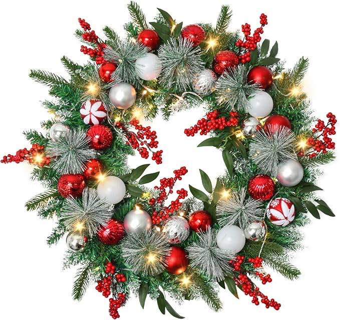 Christmas Wreath with 50 LED Lights with Timer, Luxury Red Silver Theme Lighted Christmas Door Wreath with Berries, Ball Ornaments and Pine Branch for Door Window Mantle Christmas Decoration