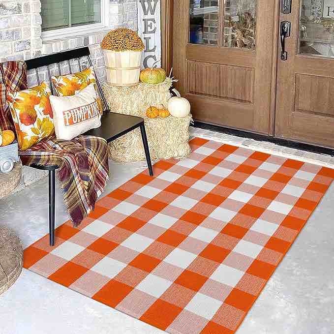 EARTHALL 3x5 Buffalo Plaid Outdoor Rug Orange and White Checkered Rug Fall Door Mat 3x5 Cotton Washable Farmhouse Fall Outdoor Rug for Layered Door Mats Fall Porch Decor Patio