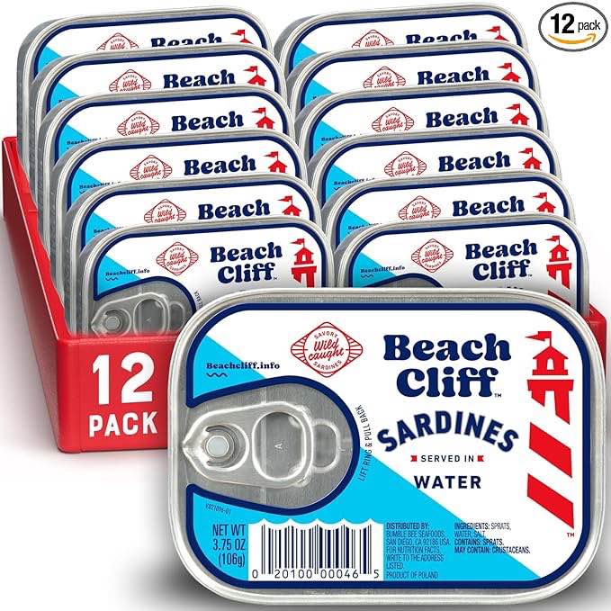 BEST BY SEP 2027 Beach Cliff Sardines in Water, 3.75 oz Can (Pack of 12) - Wild Caught Sardines - 12g Protein per Serving - Gluten Free, Keto Friendly