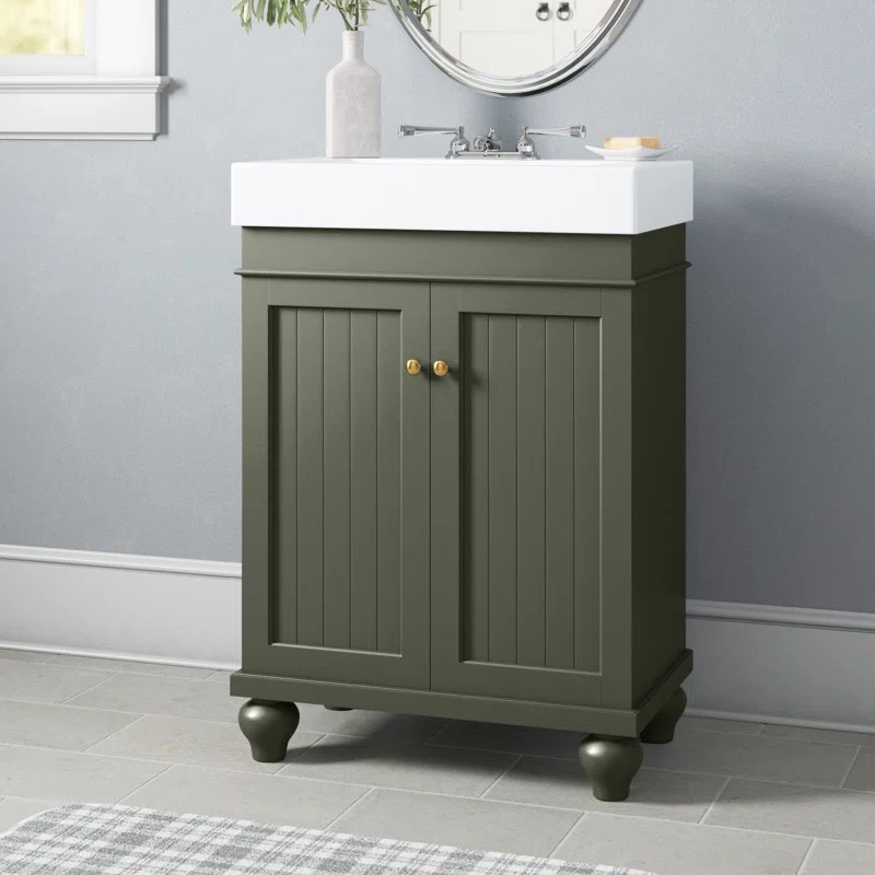 ( incomplete, only furniture, no included sink ) Dacion 24" Single Bathroom Vanity Set Overall 34.5'' H X 24'' W X 14.25'' D Basin 3'' D X 14.25'' W X 24'' L Overall Product Weight 65 lb. Sink: 4" deep.