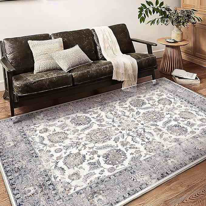 jinchan Area Rug 6x9 Persian Rug Vintage Floor Cover Foldable Thin Rug Indoor Retro Blush Pink Floral Print Distressed Carpet Non Slip for Living Room Bedroom Dining Room
