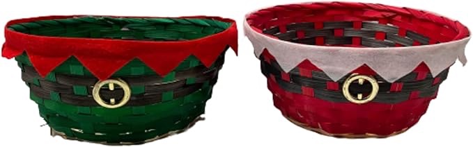 SBE Christmas Holiday Themed Green Elf and Red Santa Belt Round Wicker Basket, Bundle Included With A Jolly Surprise, 26 x 4 in (2pcs/set)