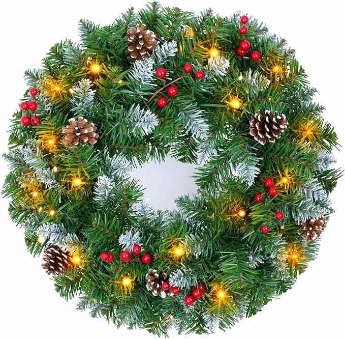 YULETIME 20" Pre-Lit Nativity Wreath, Battery Operated with 10 Fairy Lights, Holy Family Nativity Statue, Star of Bethlehem, Pine Cones, White Mistletoe, Frosted Spruce Branches (Nativity Frosted) ( similar)
