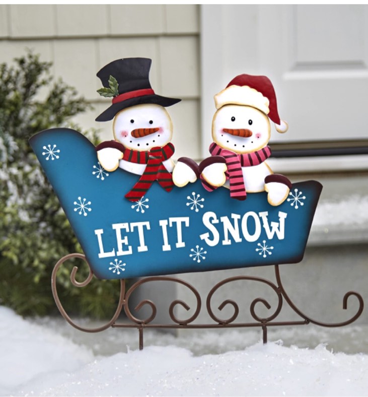 Metal Sleigh Stake for Christmas with Snowmen - Let it Snow - Blue