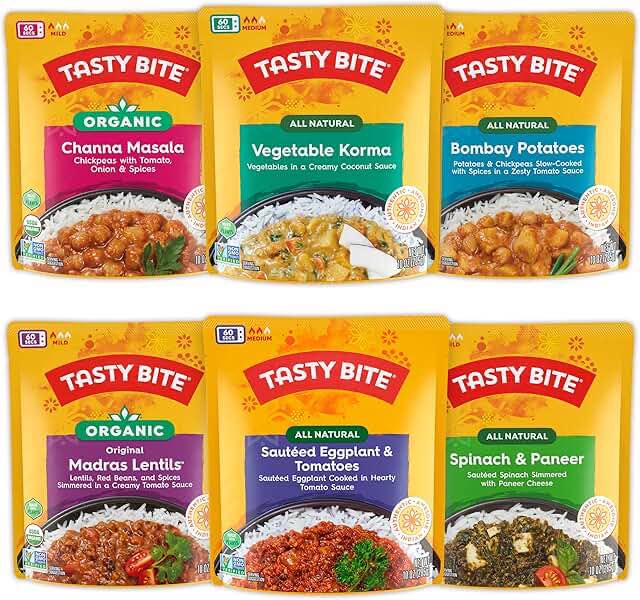 (Similarly Agust 31/2025 )Tasty Bite Indian Entree Variety Pack 5Count, Fully Cooked Indian Entrées, Includes Bombay Potatoes, Kashmir Spinach, Punjab Eggplant, Channa Masala, Madras Lentils, Vegetable Korma