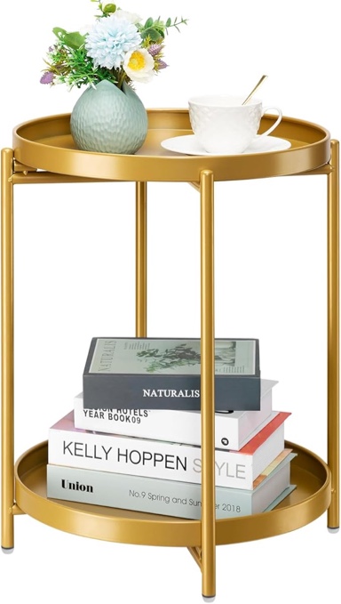 danpinera 2-Tier End Table, Outdoor Side Table Metal Round Side Table with Removable Tray, Small Folding Accent Table, Anti-Rust Nightstand for Bedroom Balcony Patio Living Room (Gold)